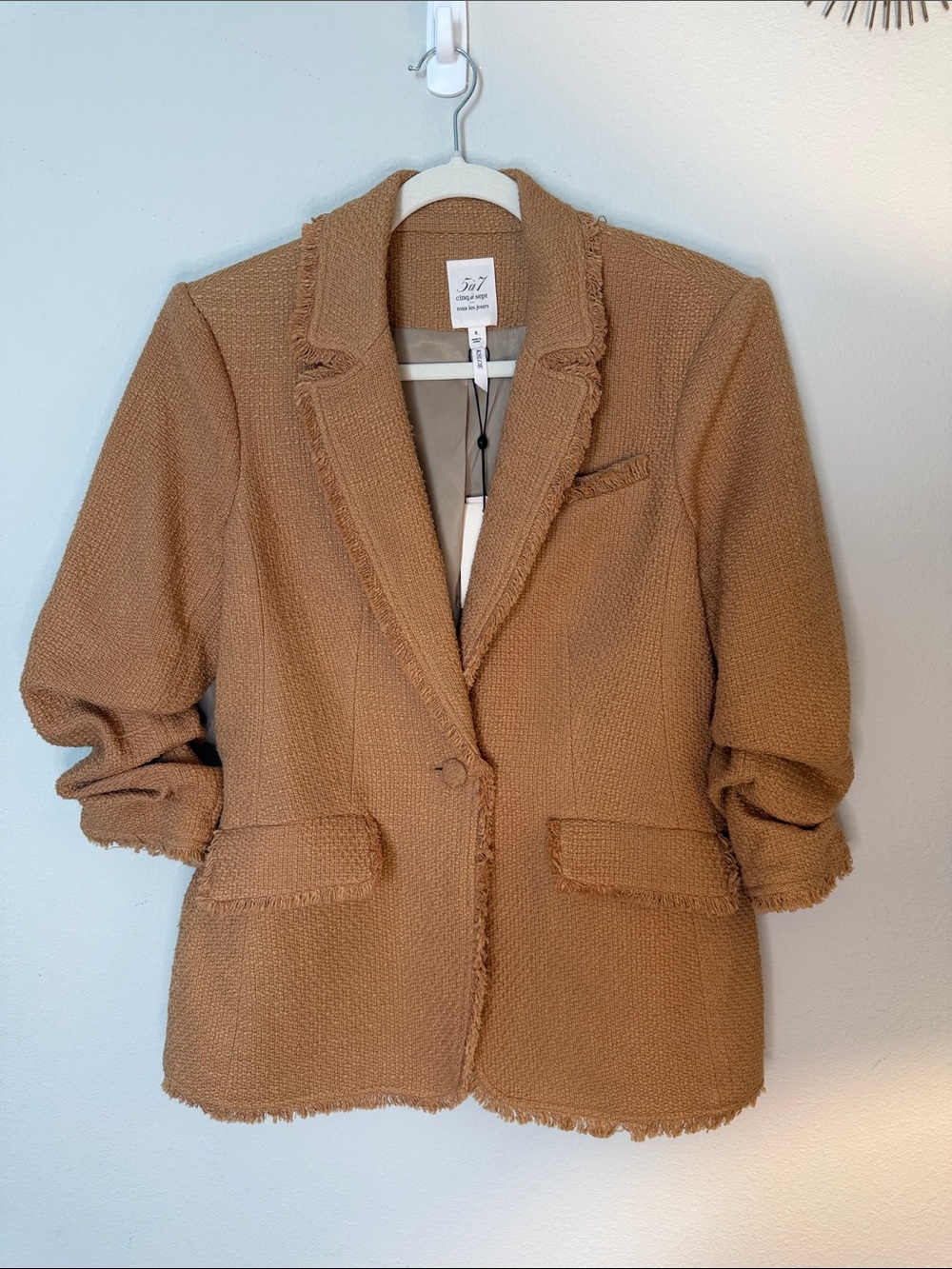 Cinq à Sept Frayed-Trim Textured Blazer in Camel Brown